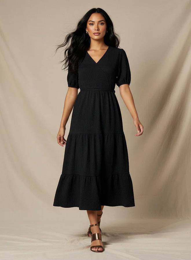 Splash FAV Midi Textured Tiered Dress with Short Puff Sleeves